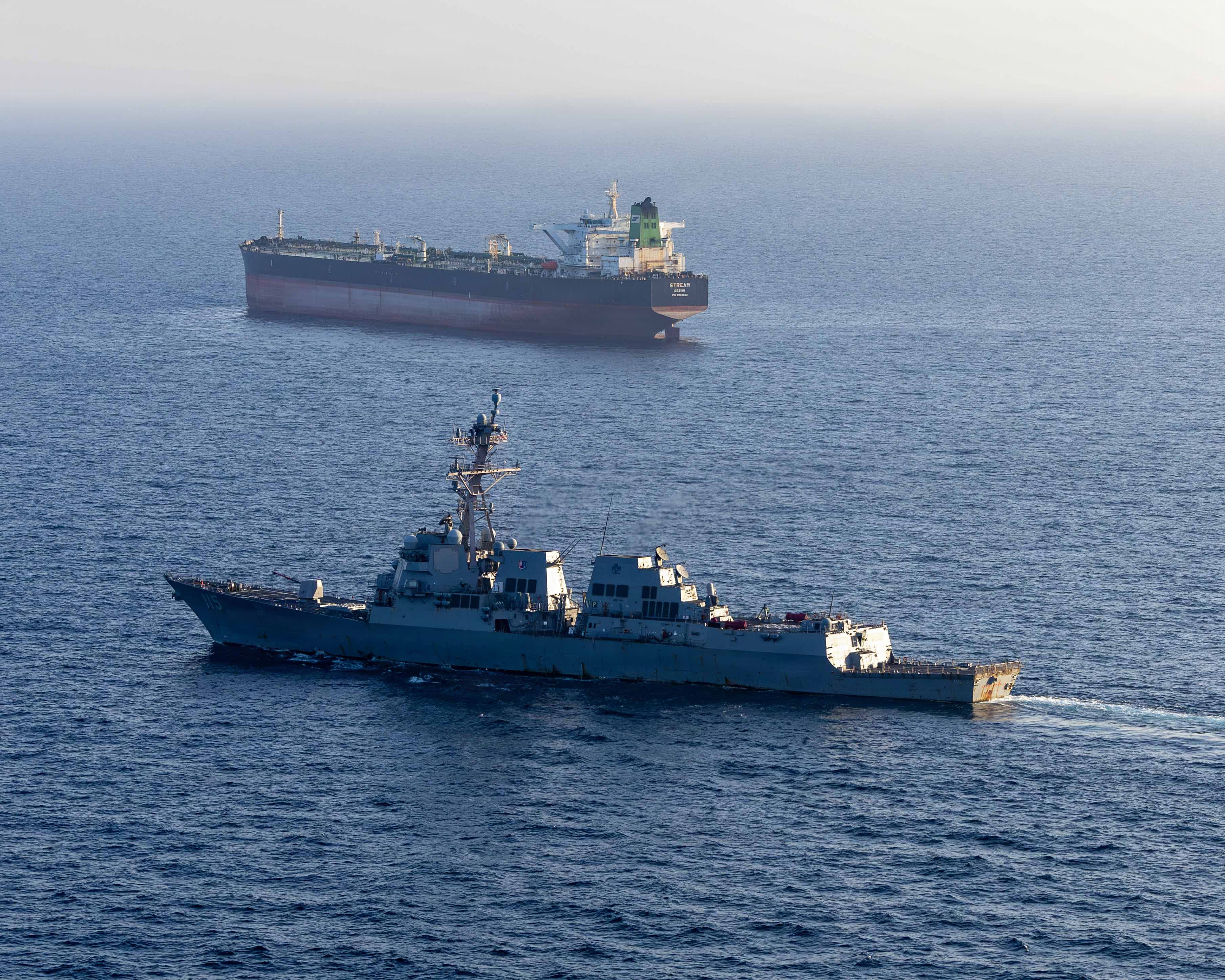 United States Ship Rafael Peralta implements a maritime blockade against an Iranian-flagged ship. United States Ship Rafael Peralta implements a maritime blockade against an Iranian-flagged ship.