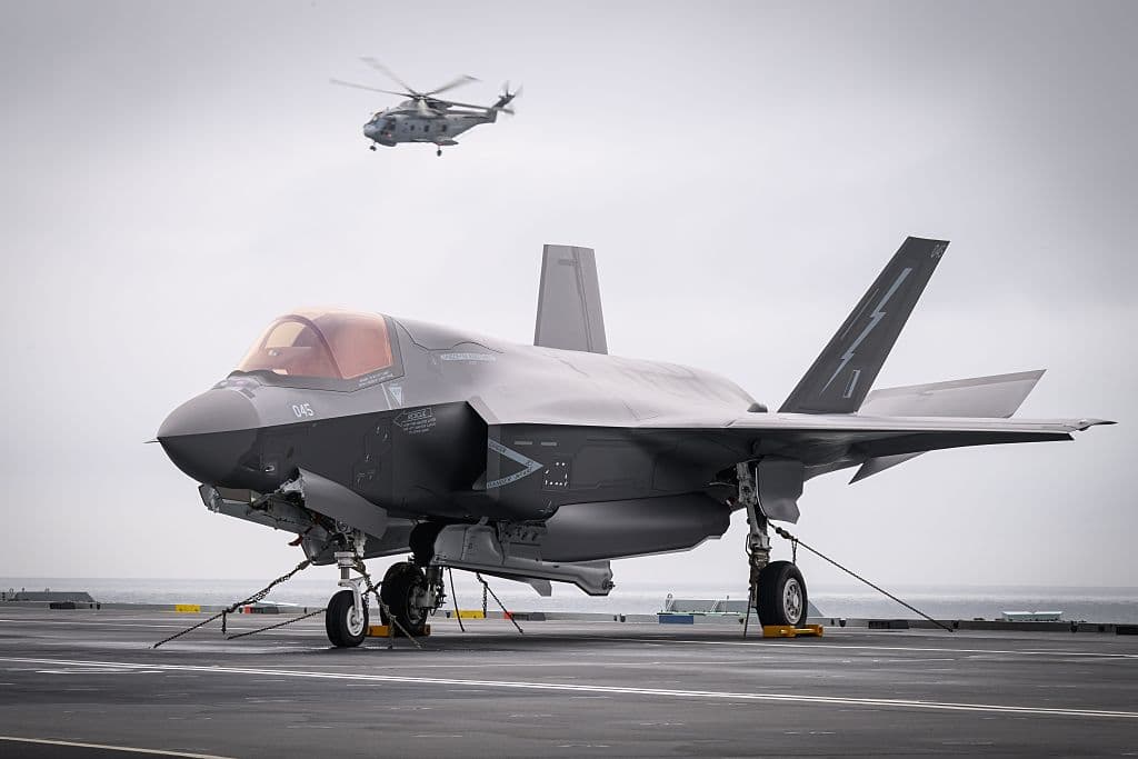 Leon Neal/Getty Images An F-35B sits on the flight deck of HMS Prince of Wales
