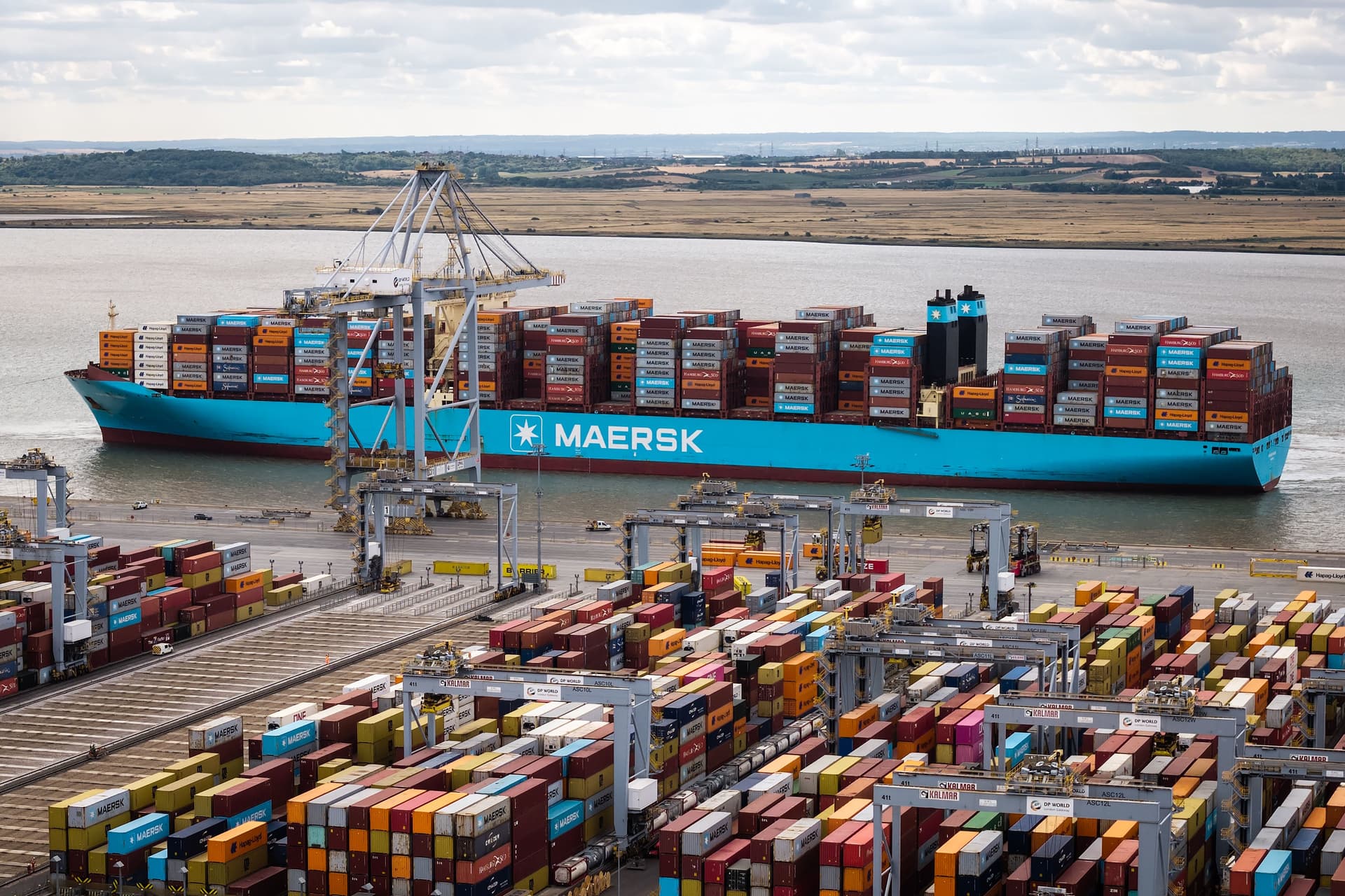Leon Neal/Getty Images A Maersk shipping container ship at the London Gateway Port