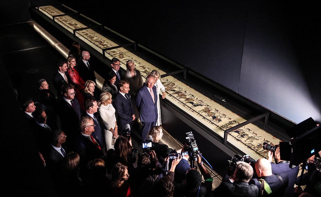 Richard Pohle- WPA Pool/Getty Images George Osborne (center) viewing the Bayeux Tapestry Exhibition at the British Museum on September 2, 2026 in the company of King Charles III and Queen Camilla, as well as Prime Minister Andy Burnham and French President Emmanuel Macron.