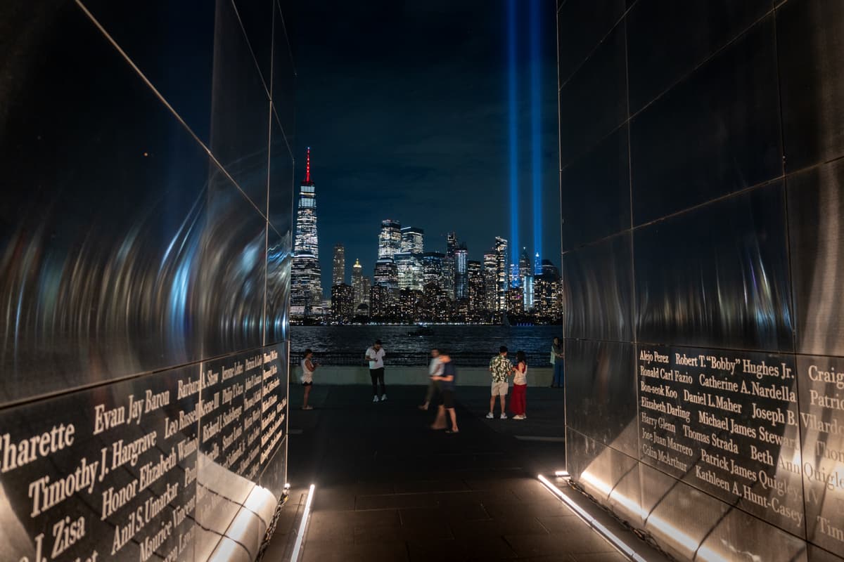 Jeremy Weine/Getty Images The Tribute in Light installation is tested over lower Manhattan in New York City on September 9, 2026, as seen from the 'Empty Sky' 9/11 memorial at Jersey City, New Jersey.