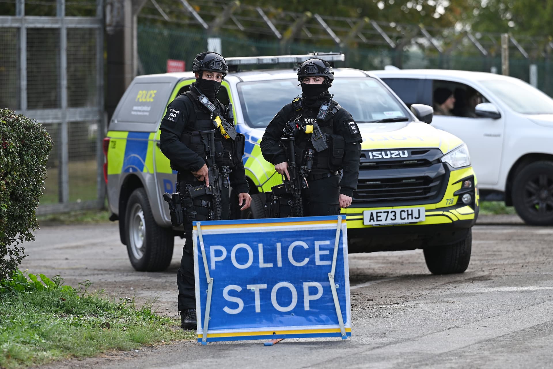 Leon Neal/Getty Images Armed police maintain road blocks and security checks around RAF Fairford on September 28, 2026 in Fairford, England.