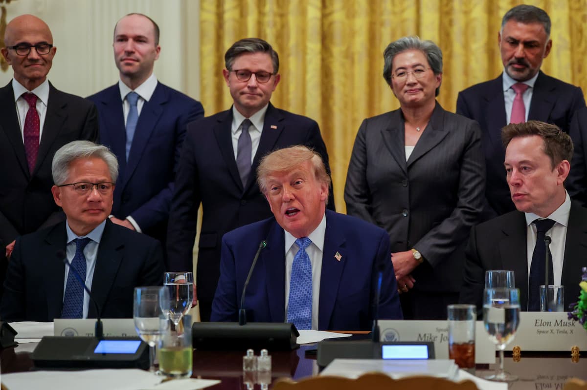 Kevin Dietsch/Getty Images President Trump makes a statement as he is joined by Nvidia CEO Jensen Huang (L) Tesla, SpaceX and X CEO Elon Musk ( R) as well as other executives and cabinet members during a meeting on artificial intelligence in the East Room of the White House on September 29, 2026.