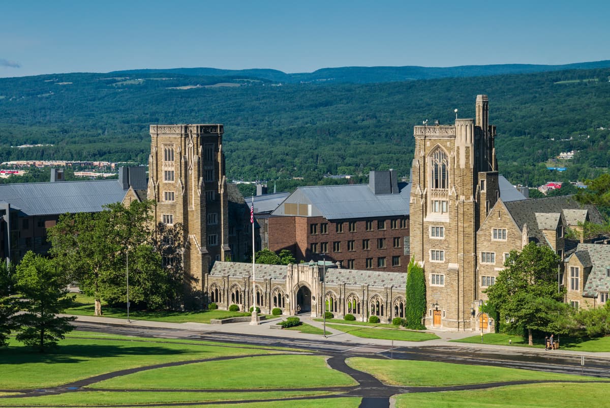 Walter Bibikow/Getty Images An elevated view of McFaddin Hall on Cornell University's campus at Ithaca, New York.