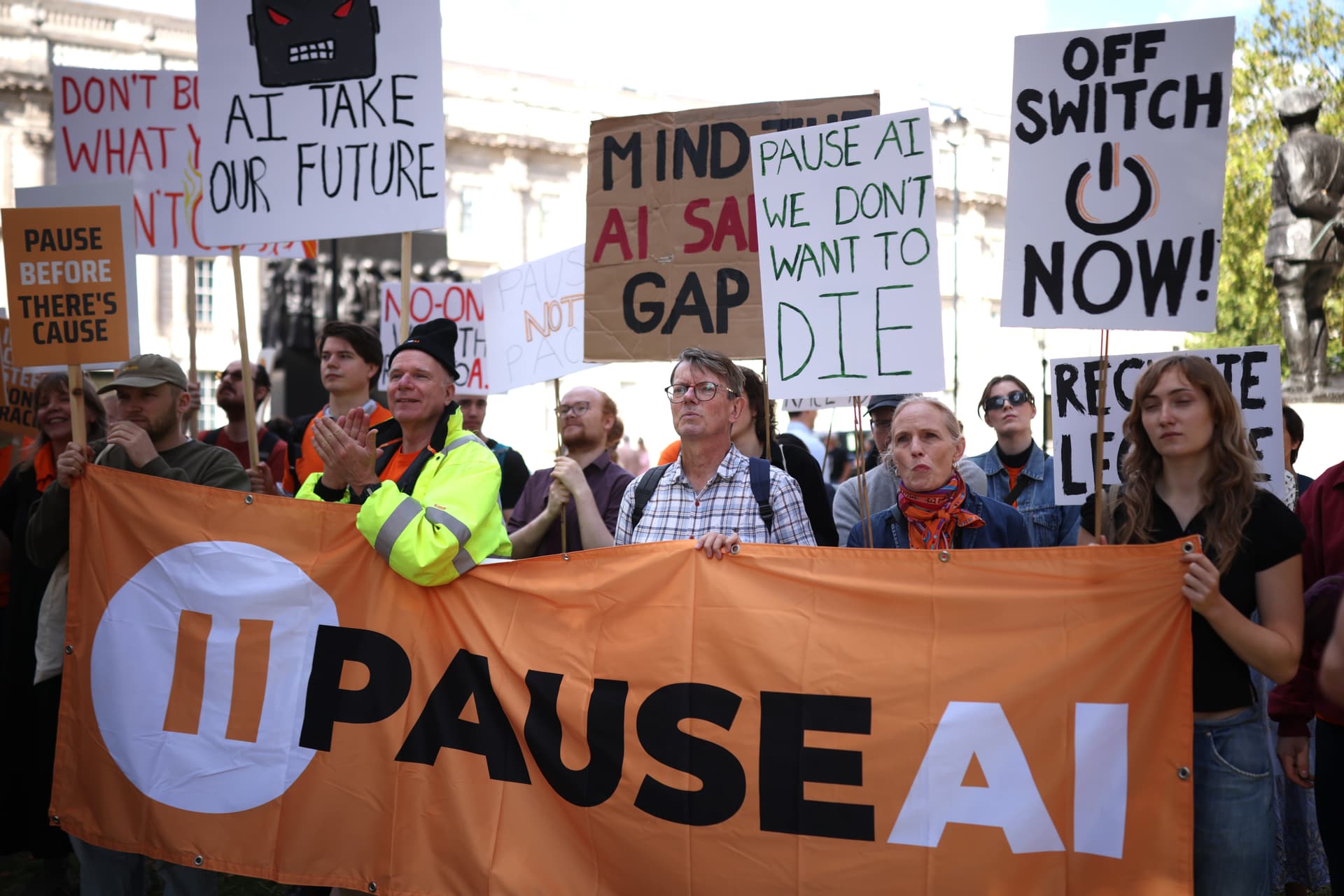 Dan Kitwood/Getty Images PauseAI activists protest on Whitehall near Downing Street at London, England, on September 16, 2026.