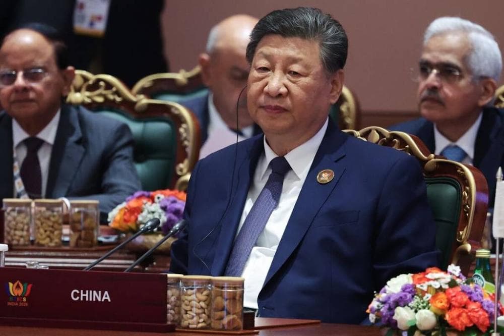 Pool via X President Xi Jinping of Communist China speaks on the final day of the BRICS summit at New Delhi on September 12, 2026.