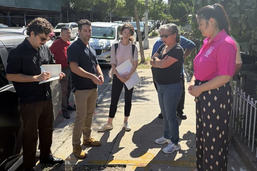 Via X Councilwoman Susan Zhuang, far right, conducts a site inspection at Bensonhurst, Brooklyn, to document a tree root-damaged sidewalk on August 27, 2026.