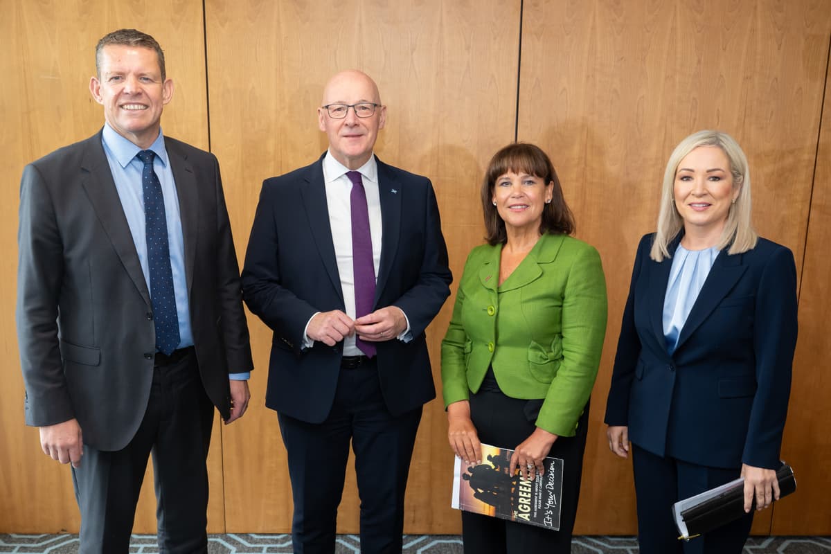 Matthew Horwood/Getty Images Devolutionaries: the first minister of Wales, Rhun ap Iorwerth; first minister of Scotland, John Swinney; leader of the opposition in the Irish Dáil, Mary Lou McDonald; and first minister of Northern Ireland, Michelle O'Neill, on September 14, 2026 at Cardiff, Wales.