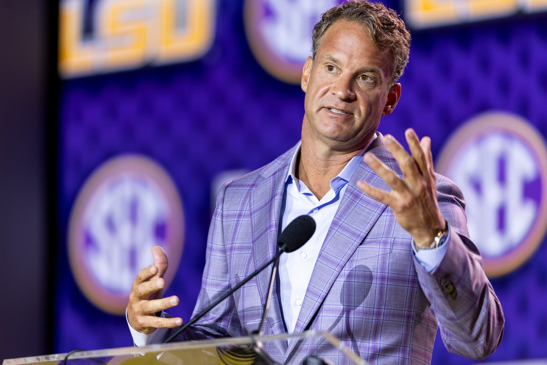 Parker S. Freedman/Getty Images Head Coach Lane Kiffin of the LSU Tigers speaks at SEC Football Kickoff Media Day at Tampa Marriott Water Street on July 23, 2026 at Tampa, Florida.
