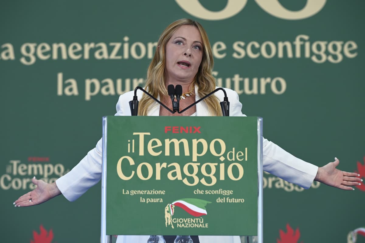 Simona Granati/Corbis via Getty Images Prime Minister Giorgia Meloni at the national festival of the Fratelli d'Italia party's youth organization, Gioventù Nazionale, on September 20, 2026 at Rome.