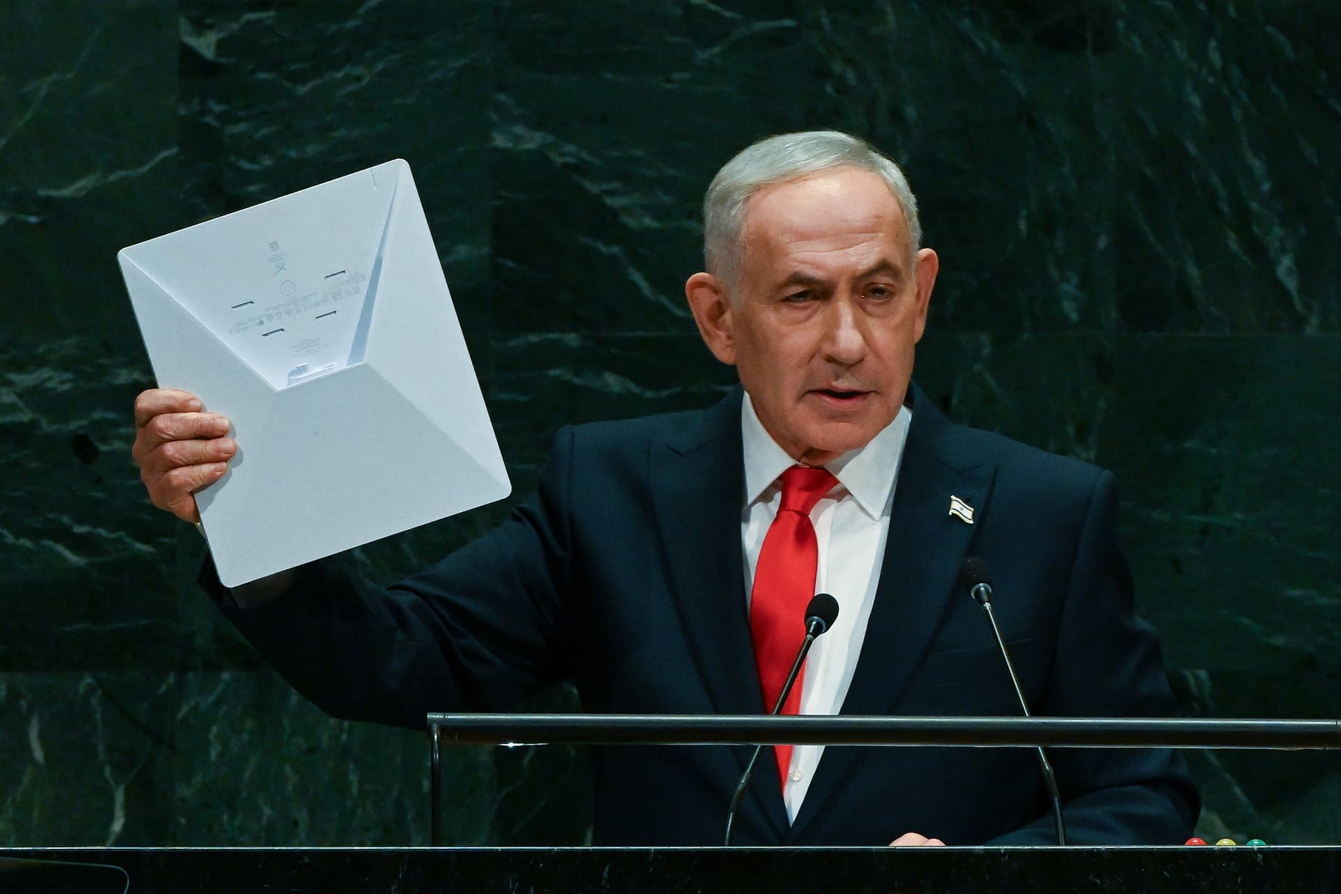 Alexi J. Rosenfeld/Getty Images Prime Minister Benjamin Netanyahu holds up a Starlink device as he speaks during the 81st session of the United Nations General Assembly, September 24, 2026.