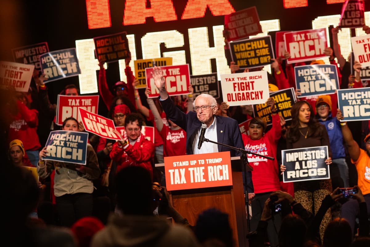 Andrew Lichtenstein/ Corbis via Getty Images Senator Bernie Sanders speaks at a Tax The Rich political rally hosted by the Democratic Socialists of America on March 29, 2026, at Lehman College, The Bronx, New York City.