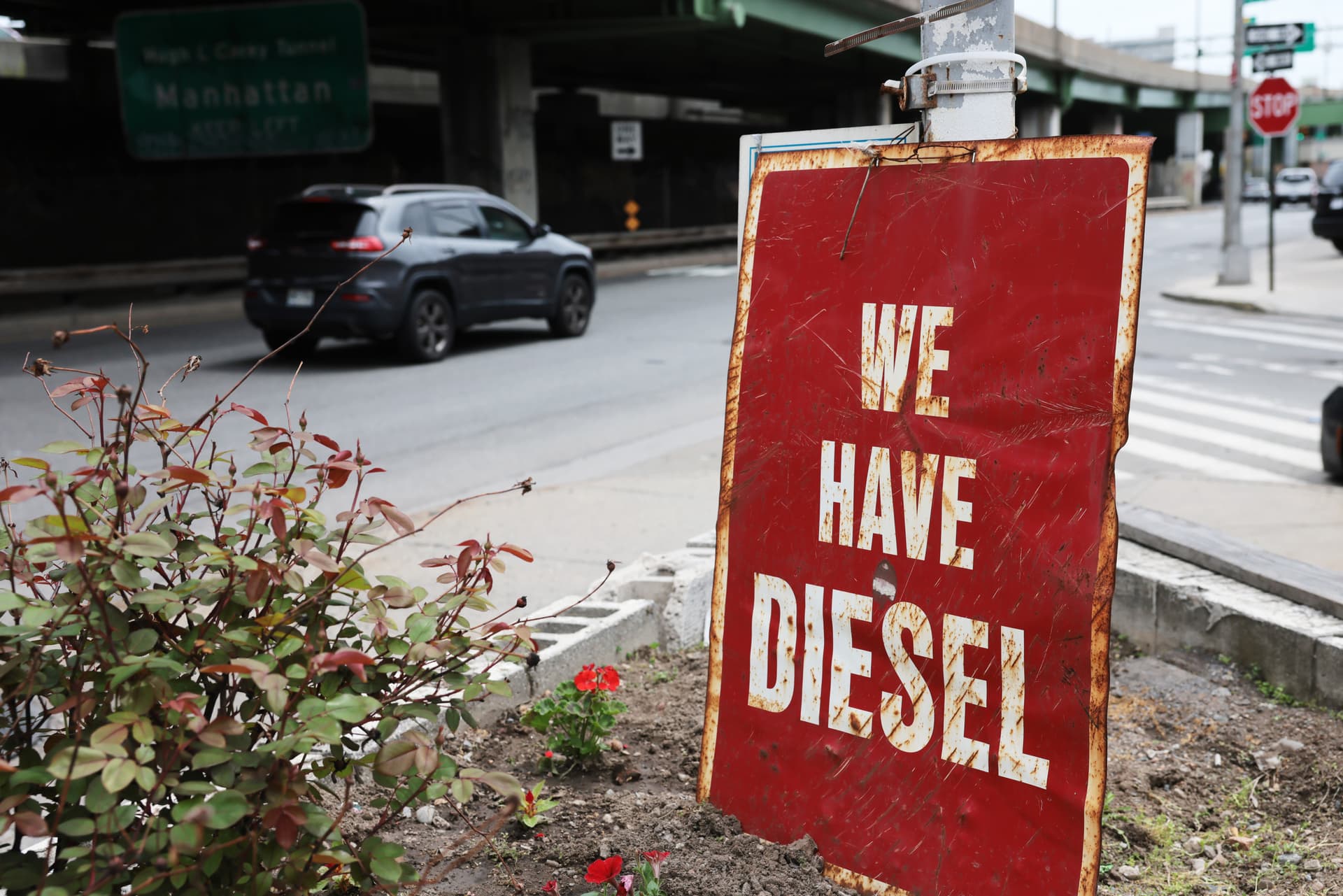 Spencer Platt/Getty Images A sign advertises diesel fuel at a Brooklyn gas station on April 28, 2026.