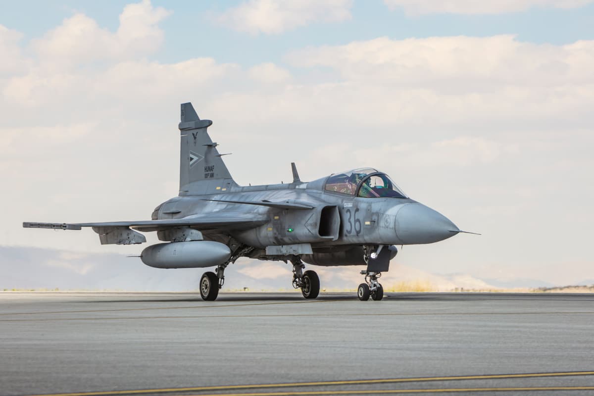 Getty Images A Hungarian Air Force Saab JAS 39 Gripen fighter jet on a runway.