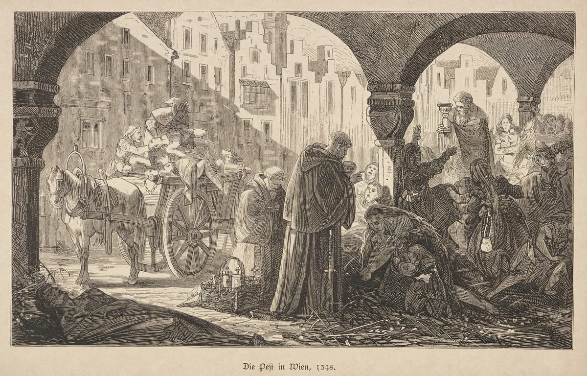 Getty Images. Woodcut illustration of the 1348 plague in Vienna, showing a corpse cart in the street and grieving citizens under city arches.
