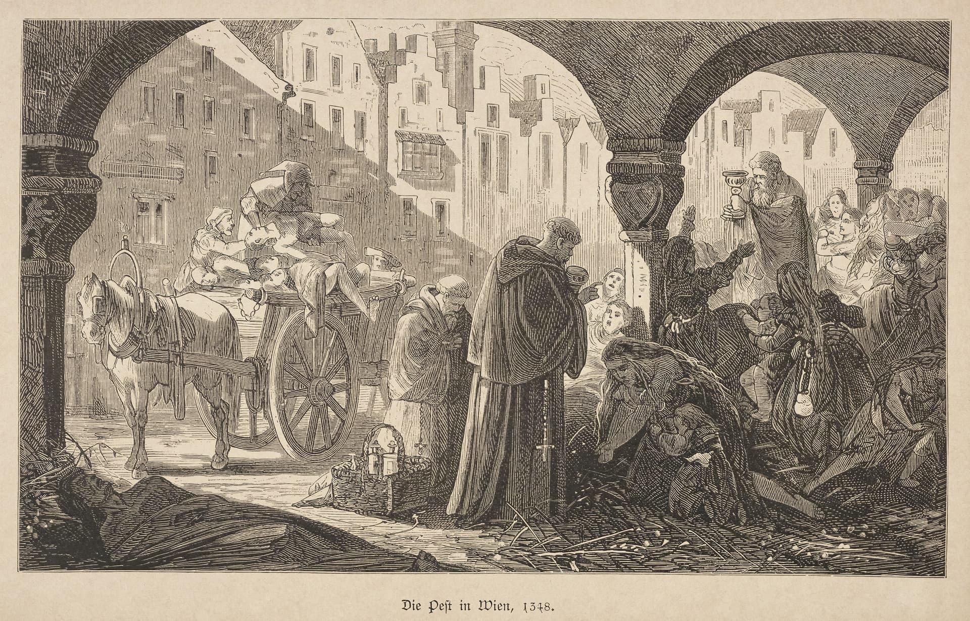 Getty Images. Woodcut illustration of the 1348 plague in Vienna, showing a corpse cart in the street and grieving citizens under city arches.