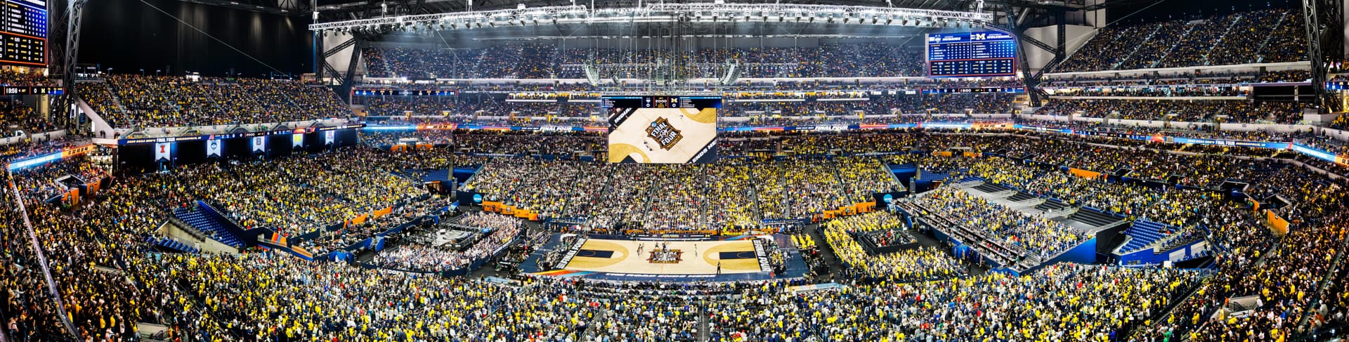Worldwide Panoramas/Getty Images A view of tipoff between the University of Connecticut Huskies and the Michigan Wolverines during the National Championship of the 2026 NCAA Men's Basketball Tournament at Lucas Oil Stadium on April 06, 2026, at Indianapolis, Indiana.