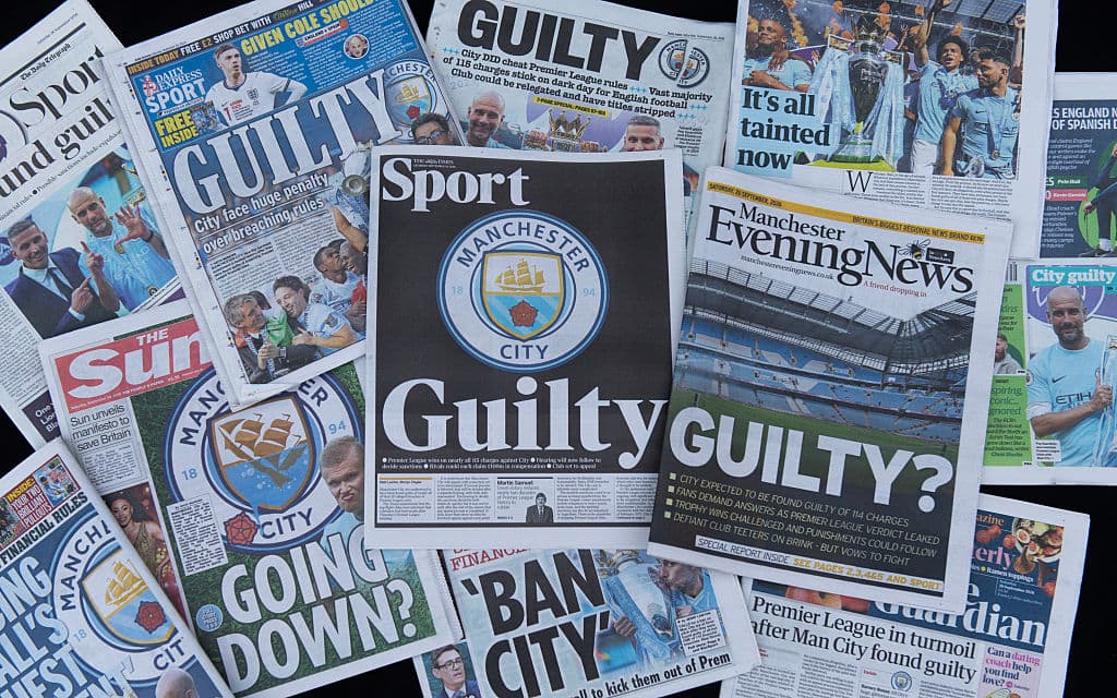 Visionhaus/Getty Images British newspaper headlines on Manchester City after they were found guilty of breaches of Premier League financial rules on September 26, 2026.