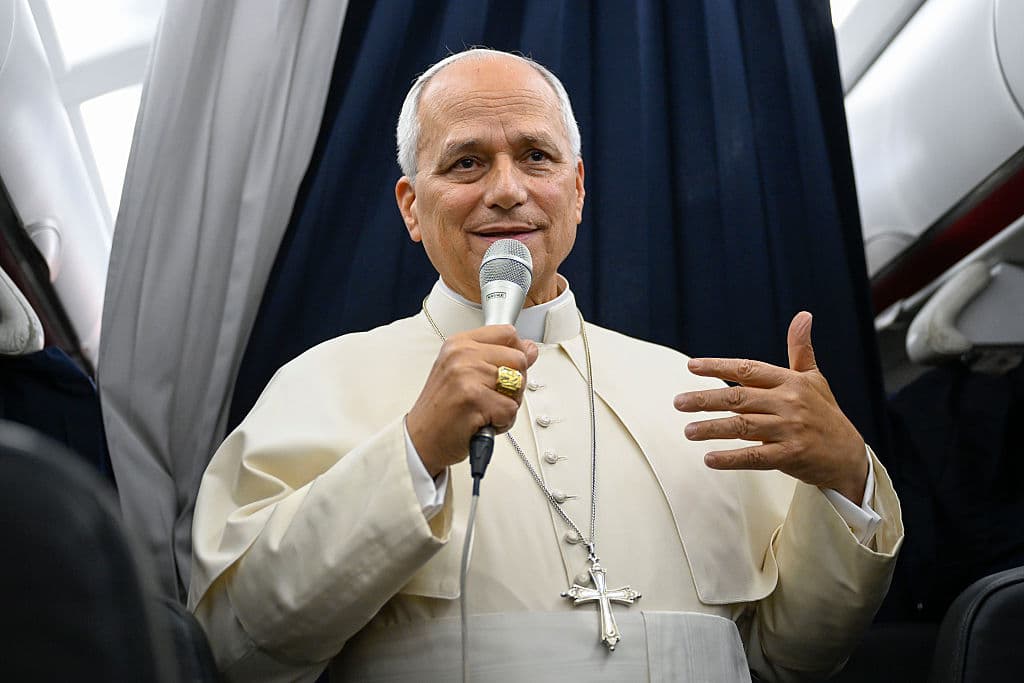 Matteo Pernaselci - Vatican Media/Getty Images Pope Leo XIV speaks to journalists on the flight from Metz to Rome at the end of his Apostolic Journey to France on September 28, 2026 at Metz, France.