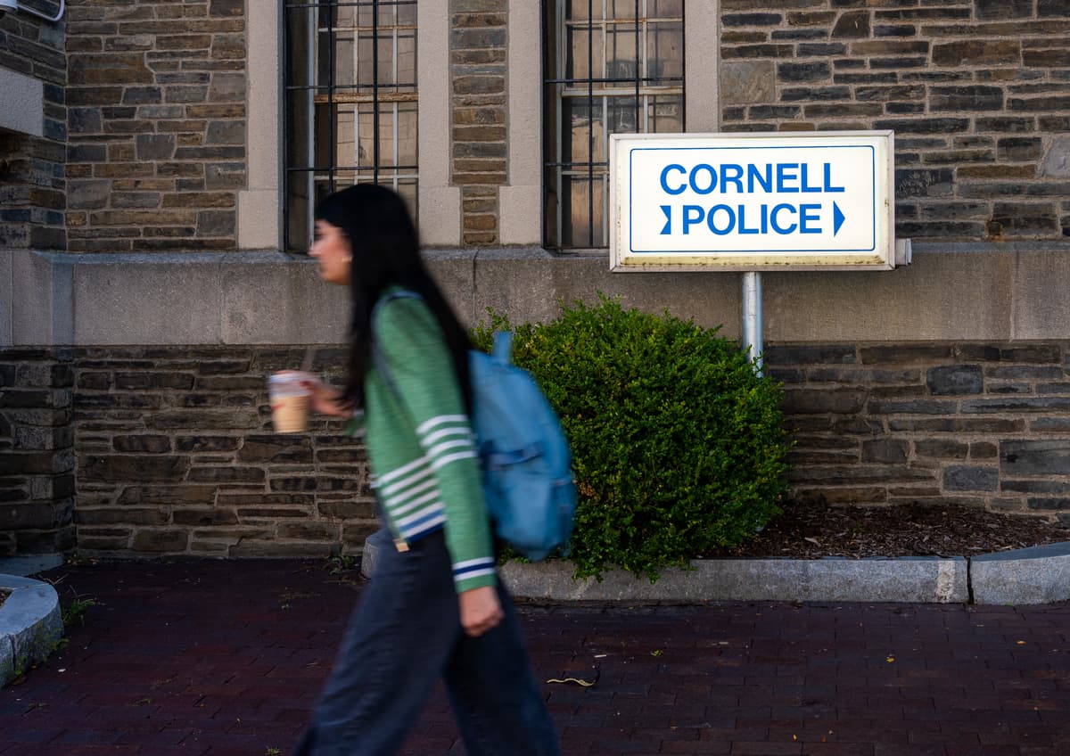 Spencer Platt/Getty Images A student walks past Cornell Police headquarters on the Cornell University campus on September 30, 2026, at Ithaca, New York.