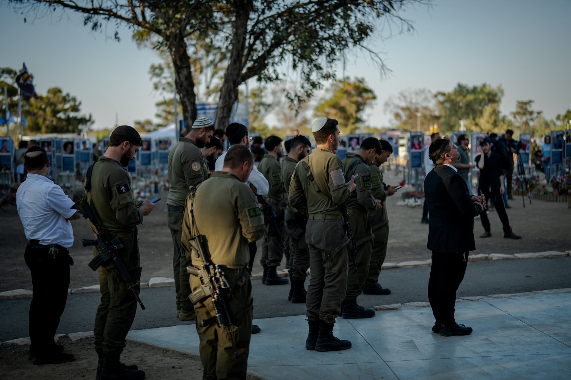 Erik Marmor/Getty Images. Israeli soldiers praying at the Nova music festival as Israel marks the third anniversary of the Oct. 7th.