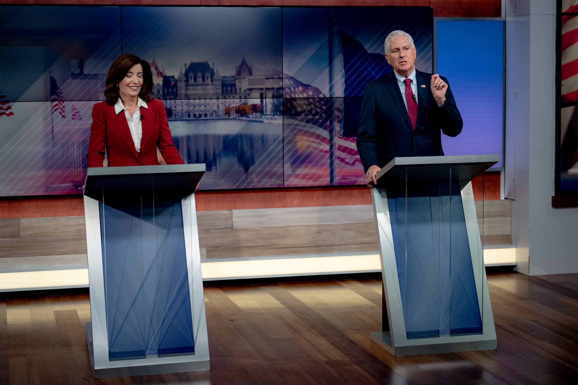 Anna Connors, Pool/Getty Images Governor Kathy Hochul and Republican gubernatorial candidate Bruce Blakeman face off in the only scheduled debate ahead of the November New York gubernatorial election on October 13, 2026.