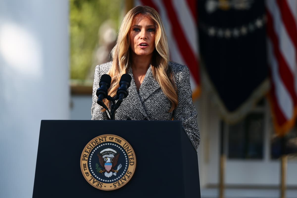 Finn Gomez/Getty Images. First lady Melania Trump delivers remarks.
