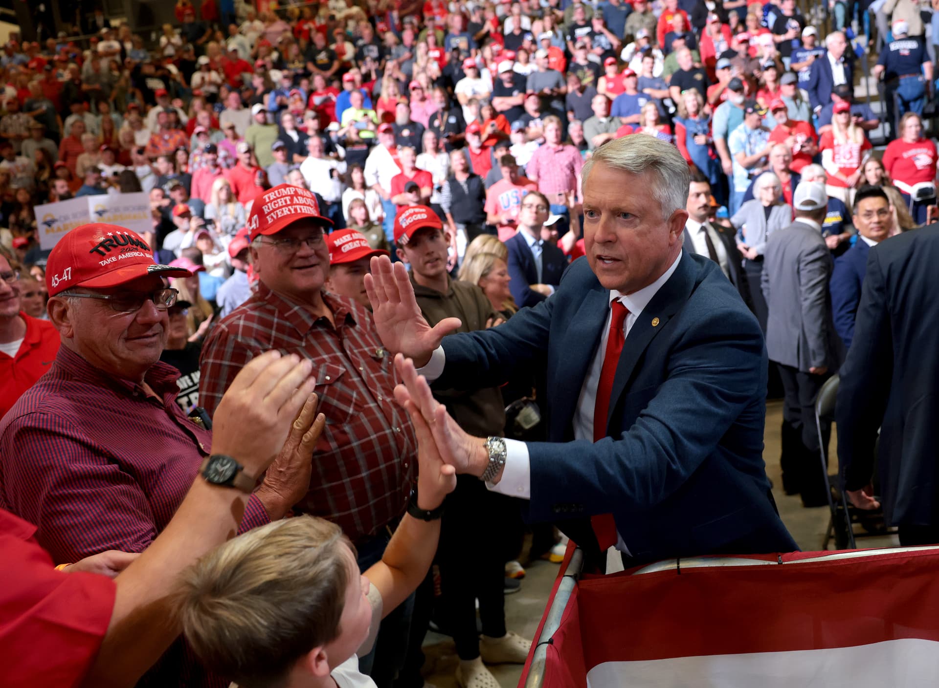 Anna Moneymaker/Getty Images Senator Roger Marshall greets supporters during a campaign rally with President Trump at Heartland Credit Union Arena on October 19, 2026 at Park City, Kansas.