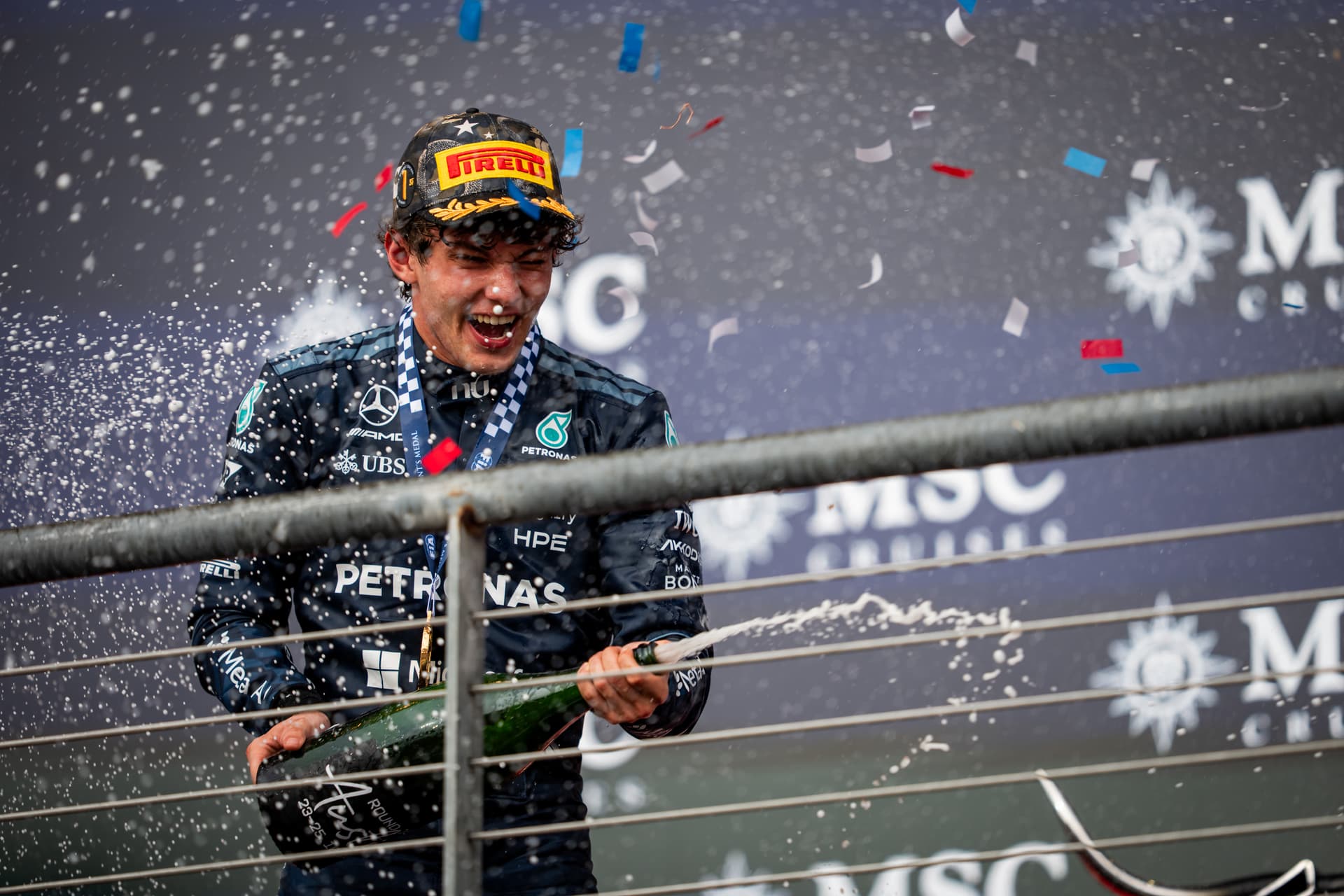 Sona Maleterova/Getty Images. Andrea Kimi Antonelli celebrates after winning the F1 Grand Prix in Austin, Texas.