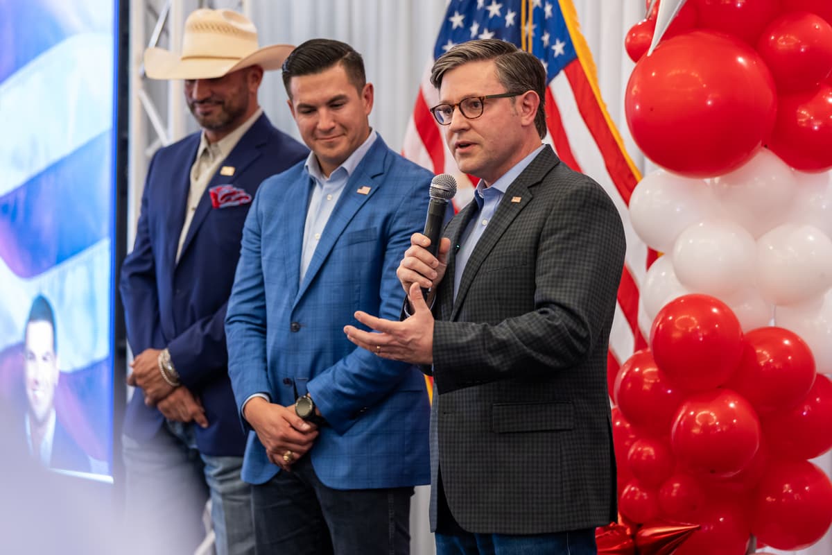 Michael Gonzalez/Getty Images House Speaker Mike Johnson (right) speaks during a rally for Texas GOP candidates at McAllen, Texas, on October 13, 2026.