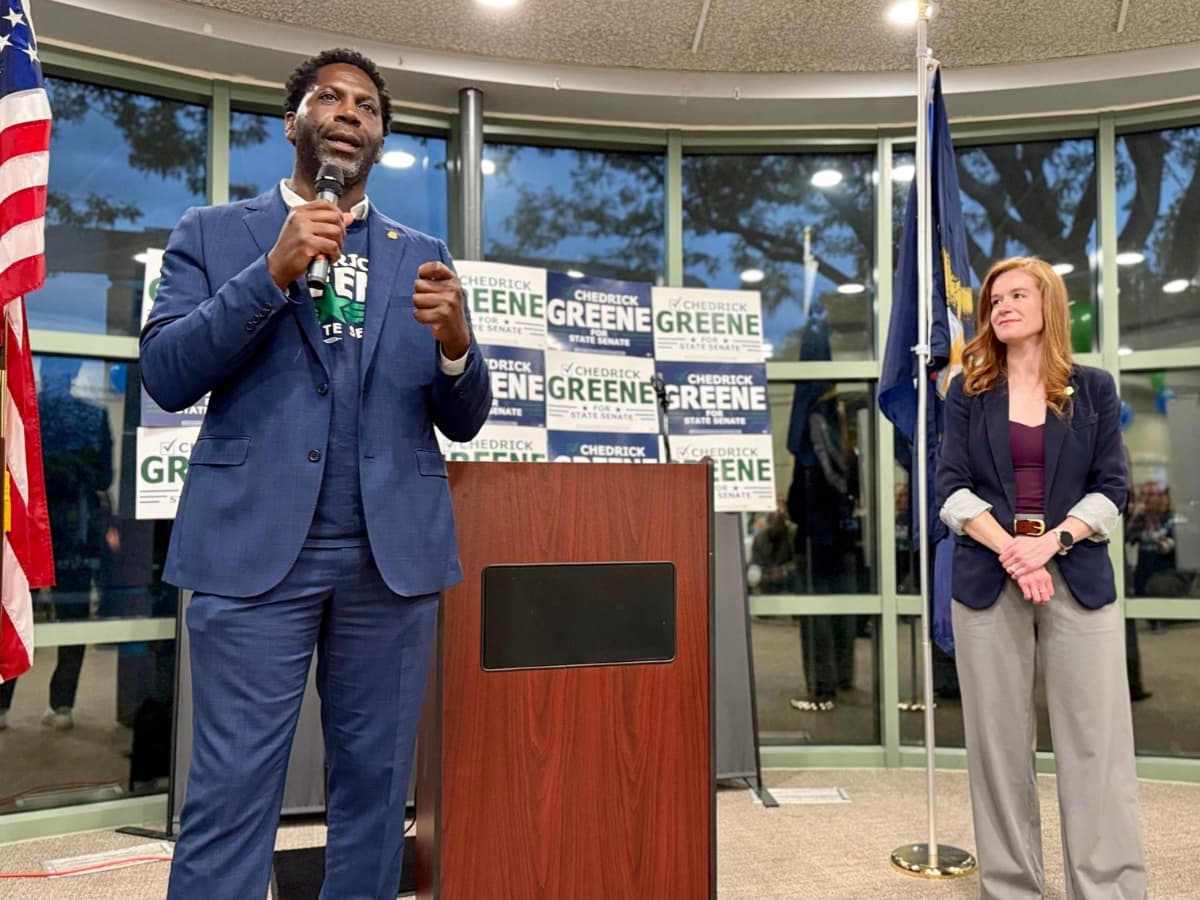 Chedrick Greene via X Michigan state Senator Mallory McMorrow, campaigning here on October 15, 2026, for her colleague, Senator Chedrick Greene, lost her primary in August. She says fake polling showing her performing poorly led to calls for her to drop out of her re-election race.