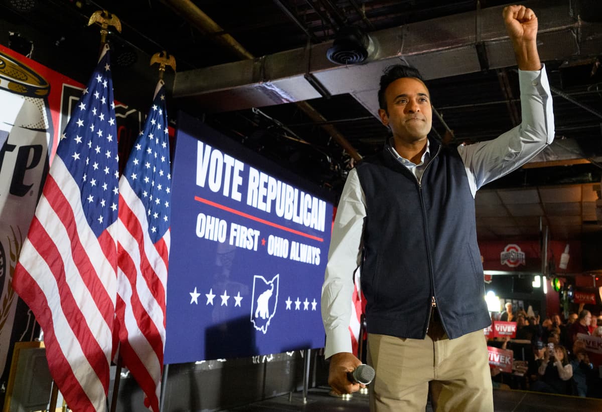 Jeff Swensen/Getty Images The Republican candidate for governor of Ohio, Vivek Ramaswamy, speaks to supporters at Strongsville, Ohio, on October 23, 2026.