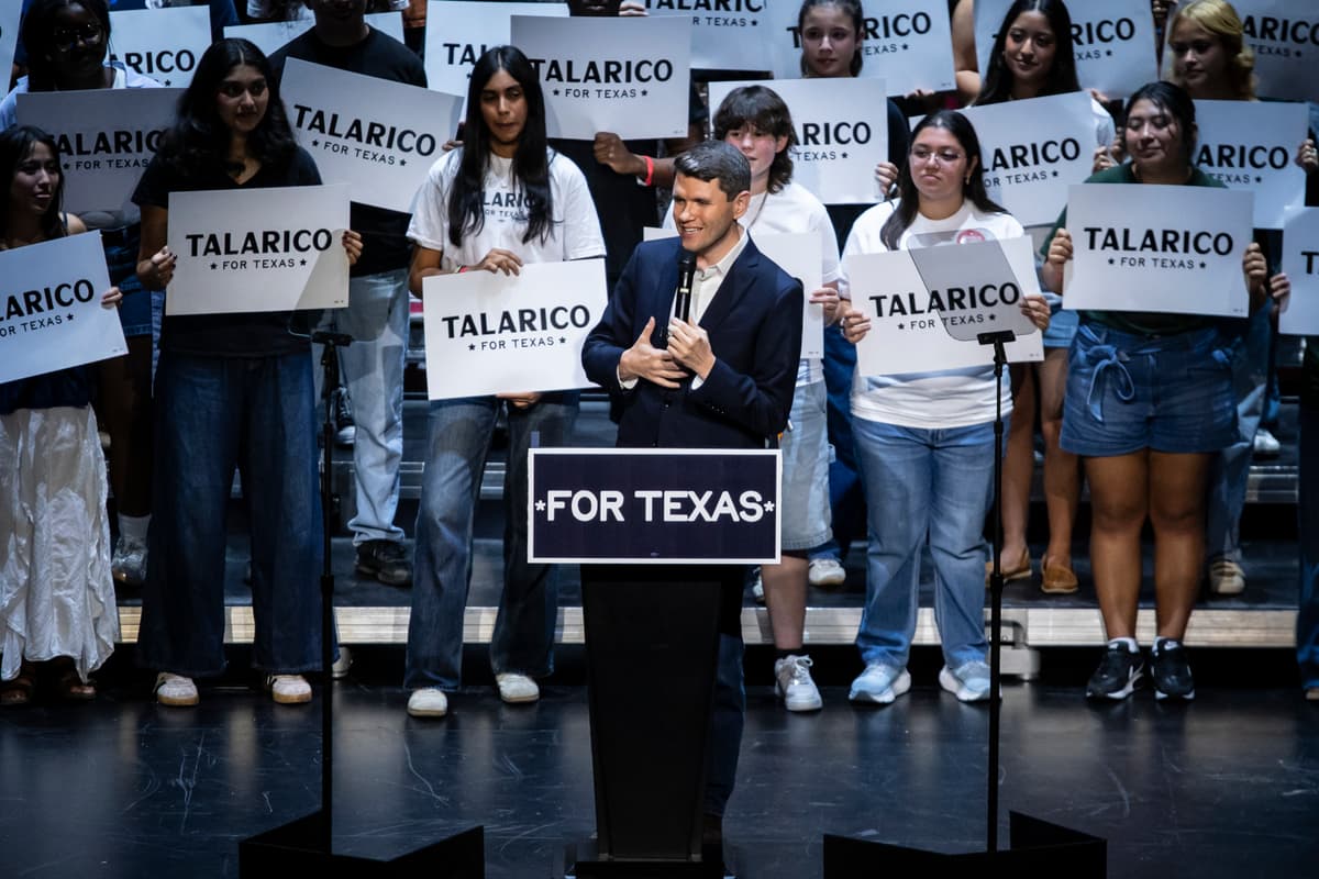 Sergio Flores/Getty Images Senate candidate James Talarico speaks to supporters during a rally at the University of Texas at Austin, Texas, on October 23, 2026.