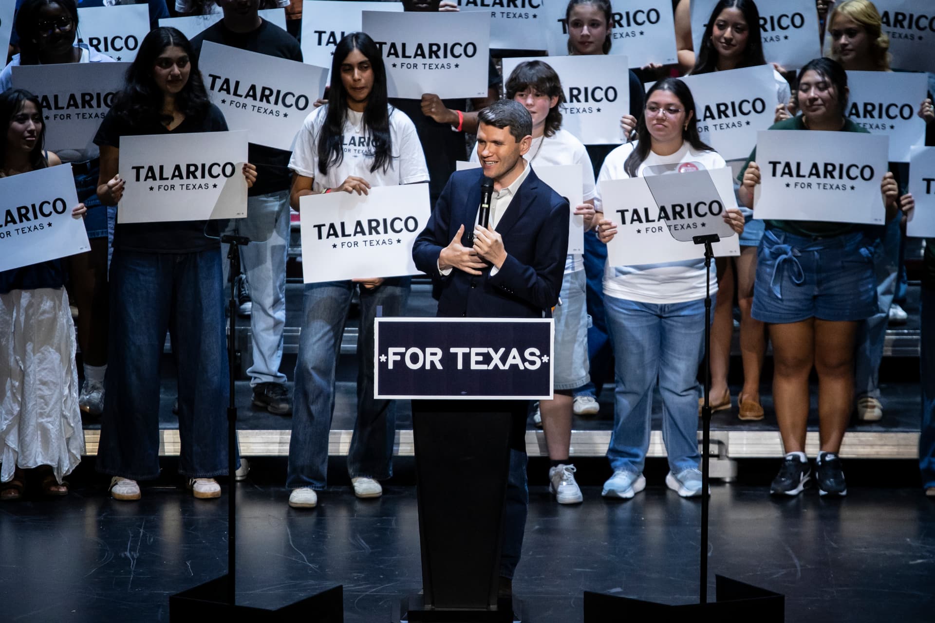 Sergio Flores/Getty Images Senate candidate James Talarico speaks to supporters during a rally at the University of Texas at Austin, Texas, on October 23, 2026.
