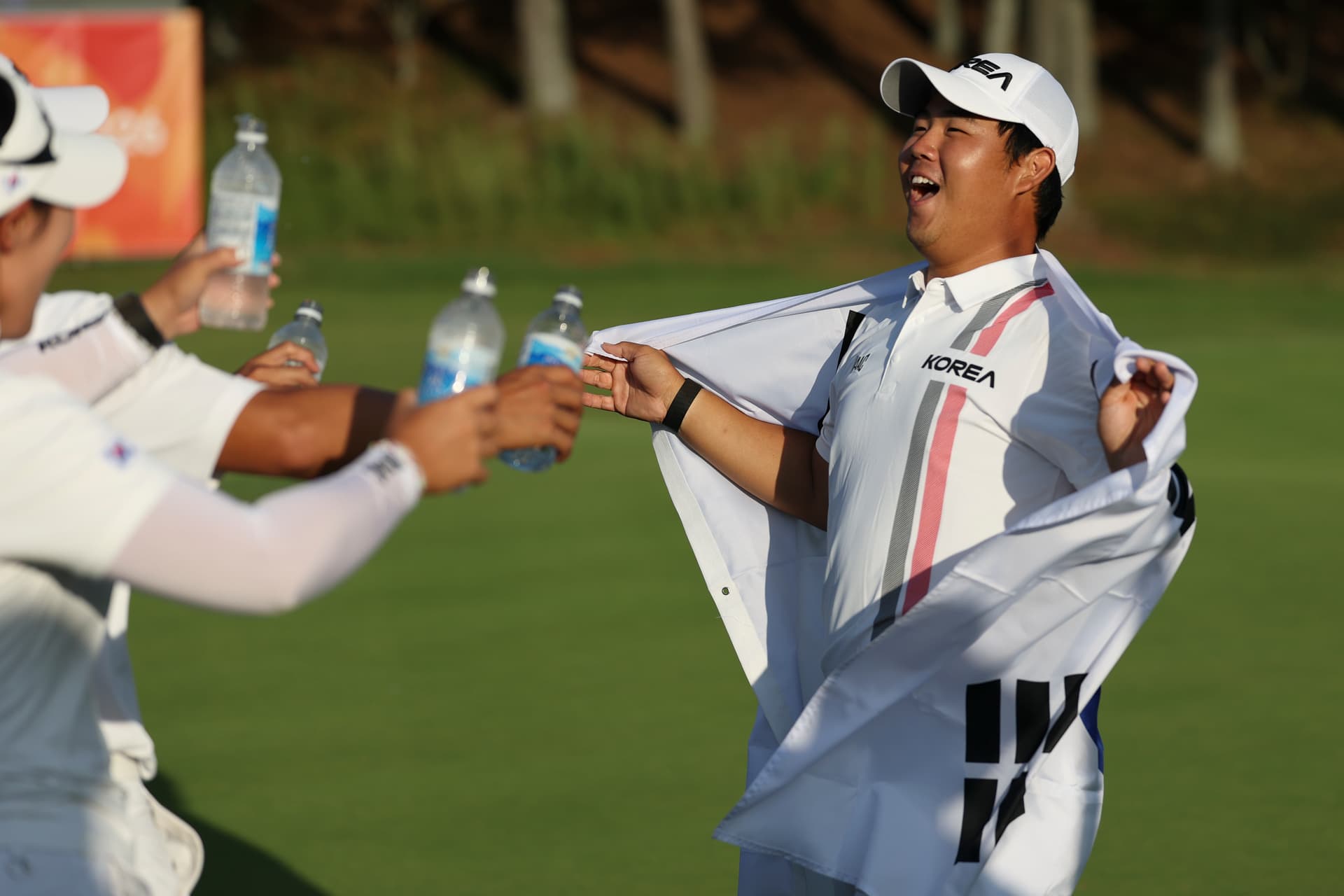 Zhe Ji/Getty Images Tom Kim of South Korea celebrates after winning the gold during the golf men's final round at the 20th Asian Games at Kasugai, Aichi, Japan, on October 3, 2026.