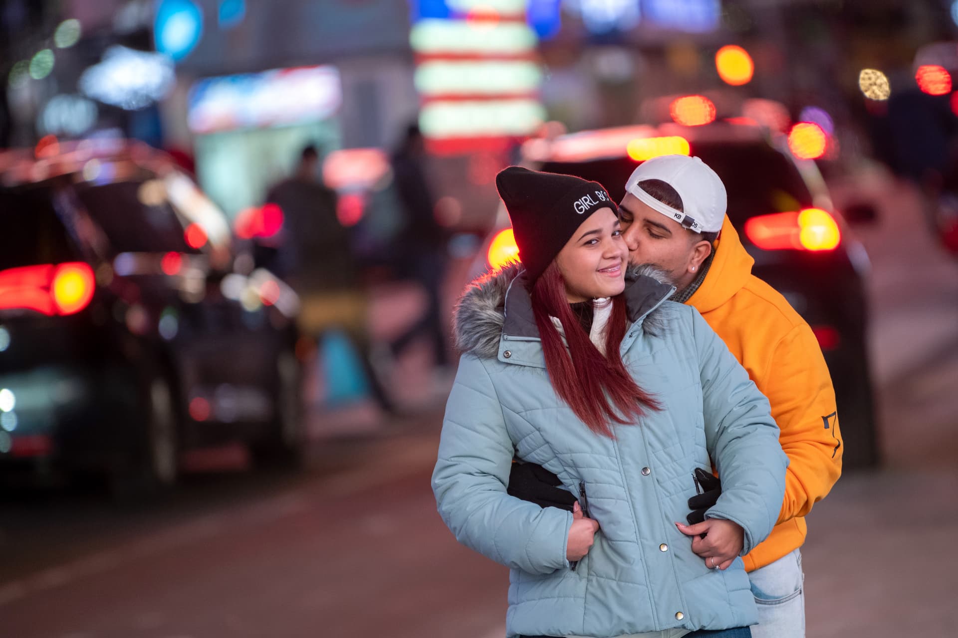 Alexi Rosenfeld/Getty Images A couple on Valentine's Day at New York City's Times Square on February 14, 2021.