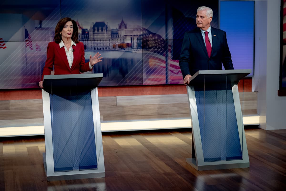 Anna Connors - pool/Getty Images Governor Kathy Hochul and the Republican gubernatorial candidate, Bruce Blakeman, debate at the Spectrum News NY1 studios on October 13, 2026 at New York City.