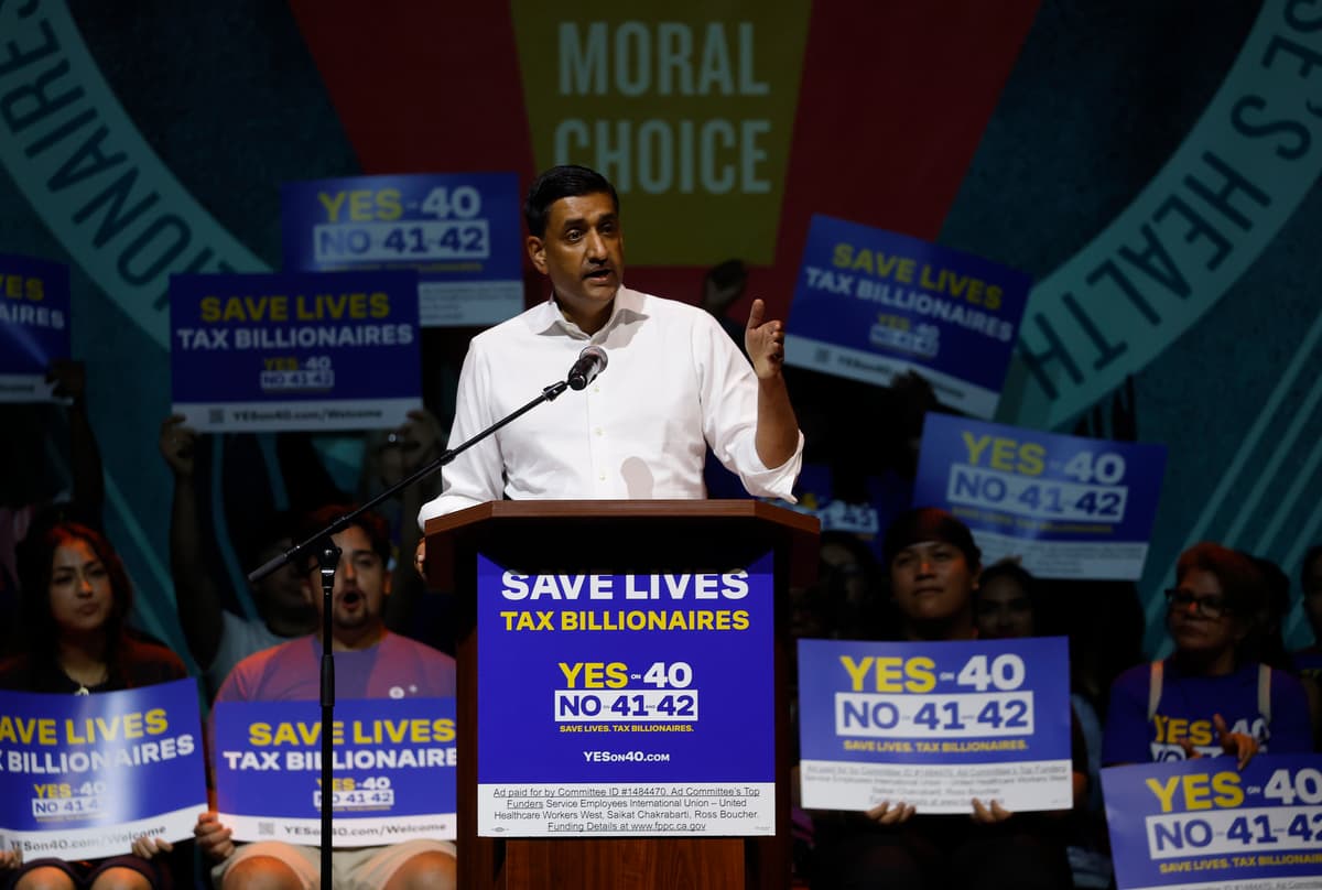 Justin Sullivan/Getty Images Congressman Ro Khanna speaks at a rally dubbed 'Ballots Over Billionaires' on October 5, 2026 at Los Angeles.