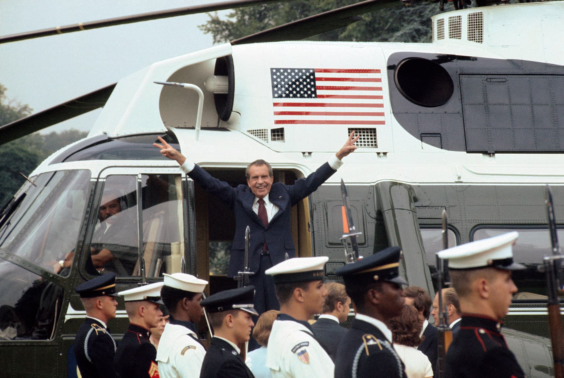 Bettmann/Getty Images President Nixon gives the victory sign before boarding Marine One after resigning the presidency on August 9, 1974.