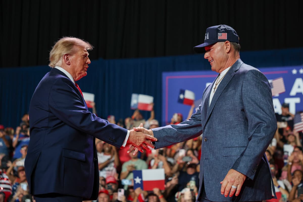 Win McNamee/Getty Images President Trump shakes hands with Former MLB player Roger Clemens after he was introduced during a campaign rally at the Freeman Coliseum on October 7, 2026 at San Antonio, Texas.