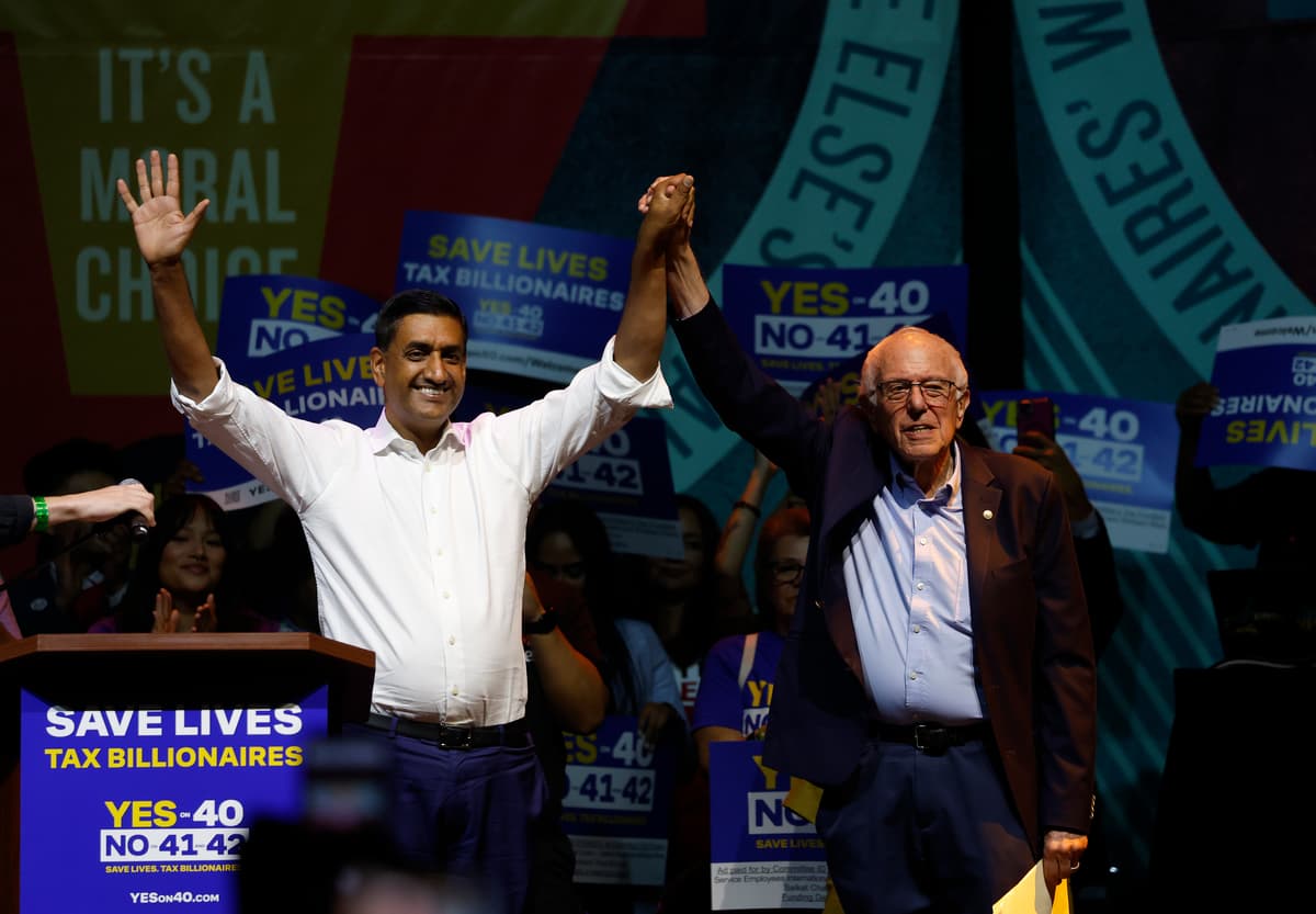 Justin Sullivan/Getty Images Senator Bernie Sanders, right, with Congressman Ro Khanna at a 'Ballots Over Billionaires' rally, October 5, 2026, at Los Angeles.