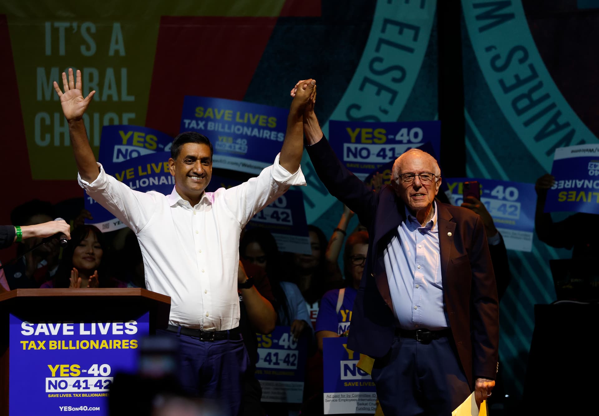 Justin Sullivan/Getty Images Senator Bernie Sanders, right, with Congressman Ro Khanna at a 'Ballots Over Billionaires' rally, October 5, 2026, at Los Angeles.