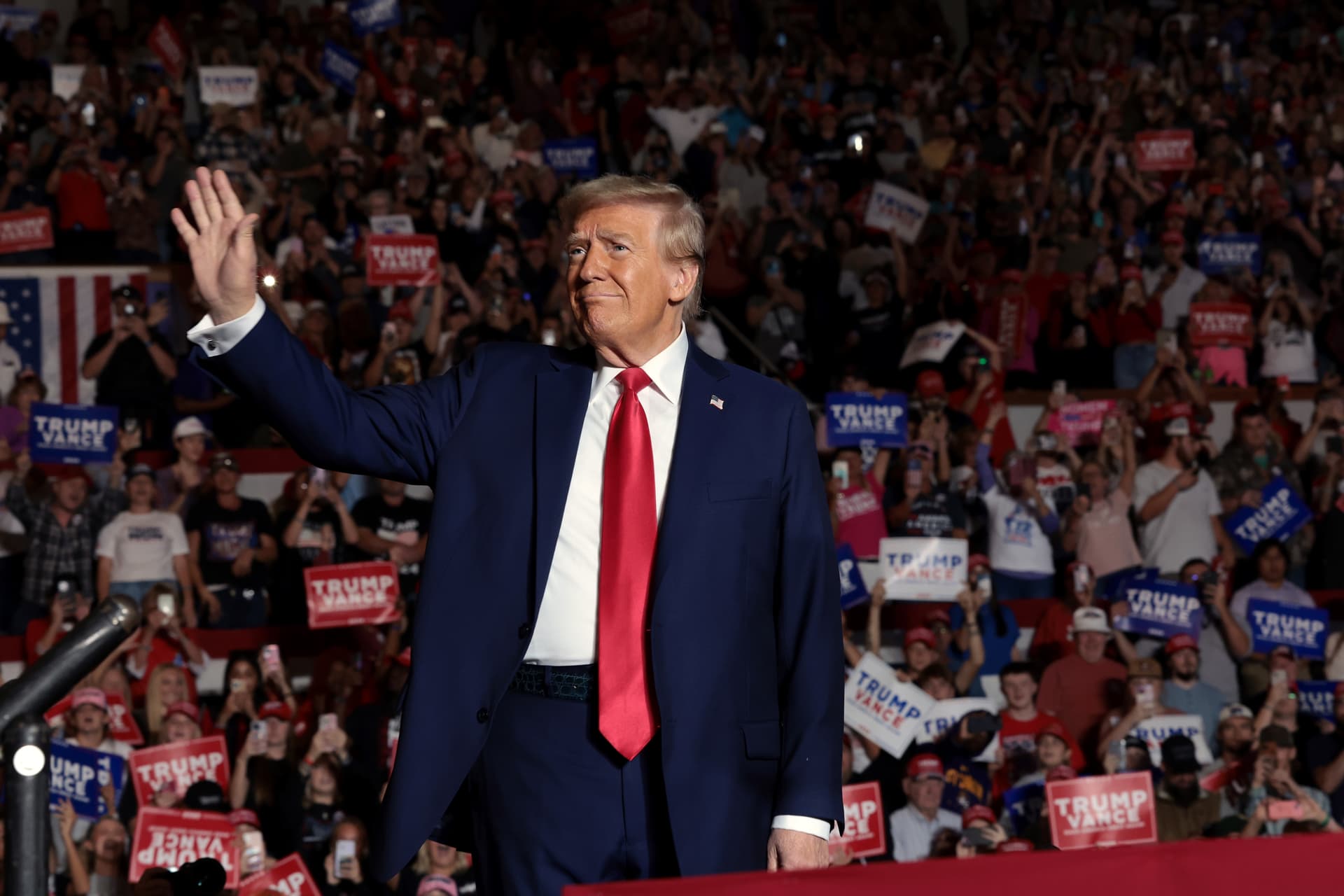 Win McNamee/Getty Images President Trump speaks during a campaign rally at Williams Arena at Minges Coliseum on October 21, 2024 at Greenville, North Carolina.