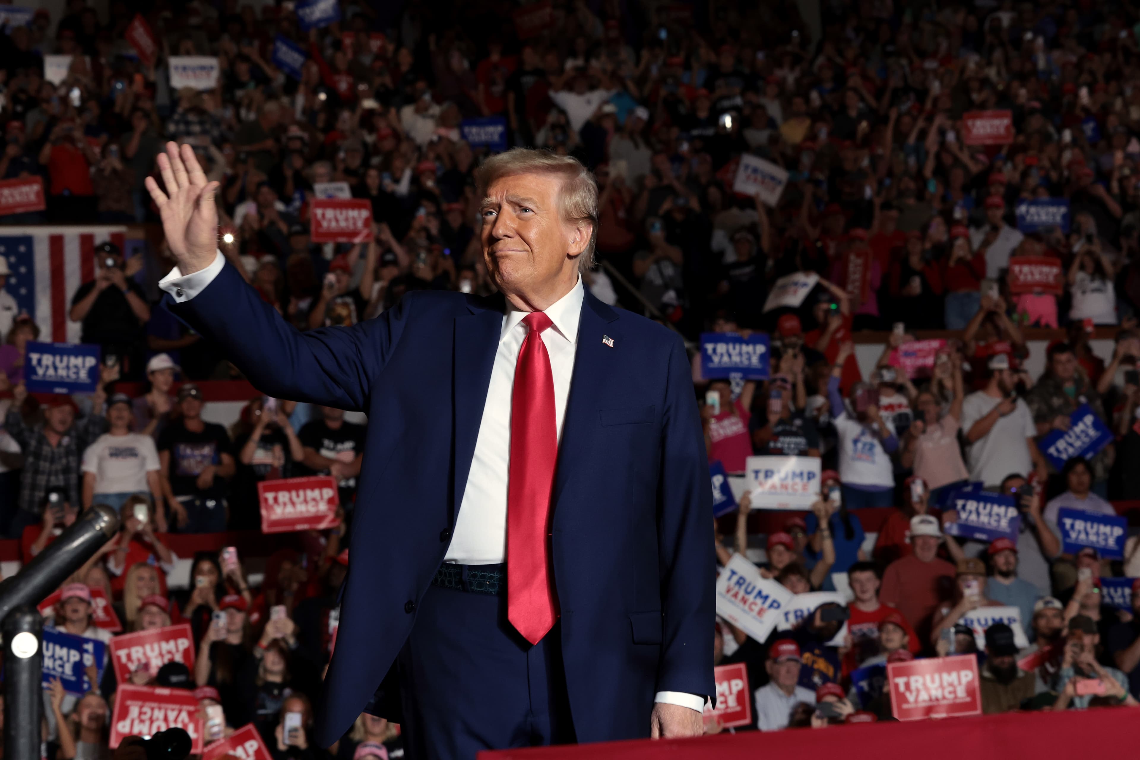 President Trump speaks during a campaign rally at Williams Arena at Minges Coliseum on October 21, 2024 at Greenville, North Carolina. President Trump speaks during a campaign rally at Williams Arena at Minges Coliseum on October 21, 2024 at Greenville, North Carolina.